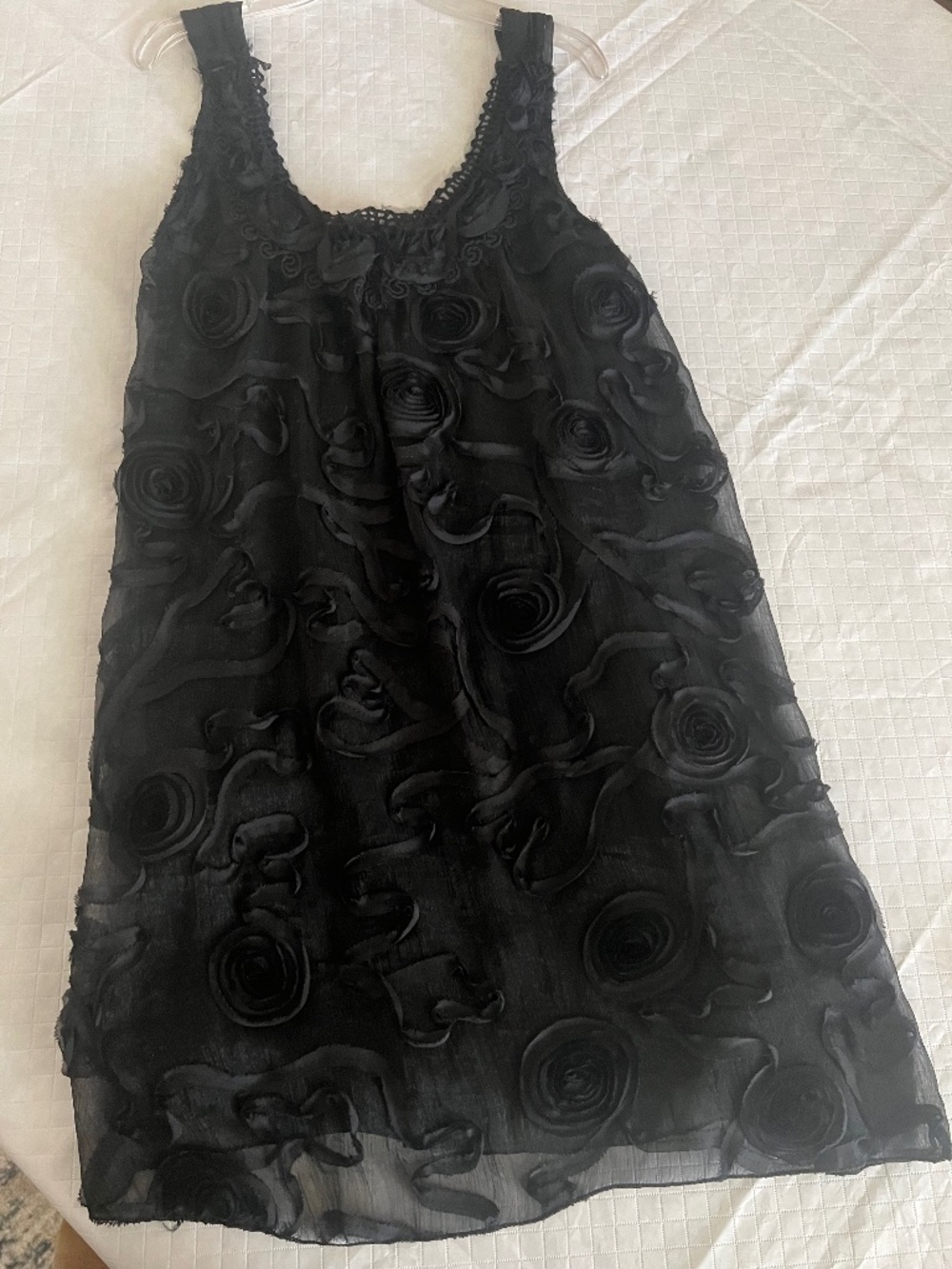 PRETTY ANGEL Black Silk 3D Rosette Sleeveless Babydoll Dress Lace Trim Boho